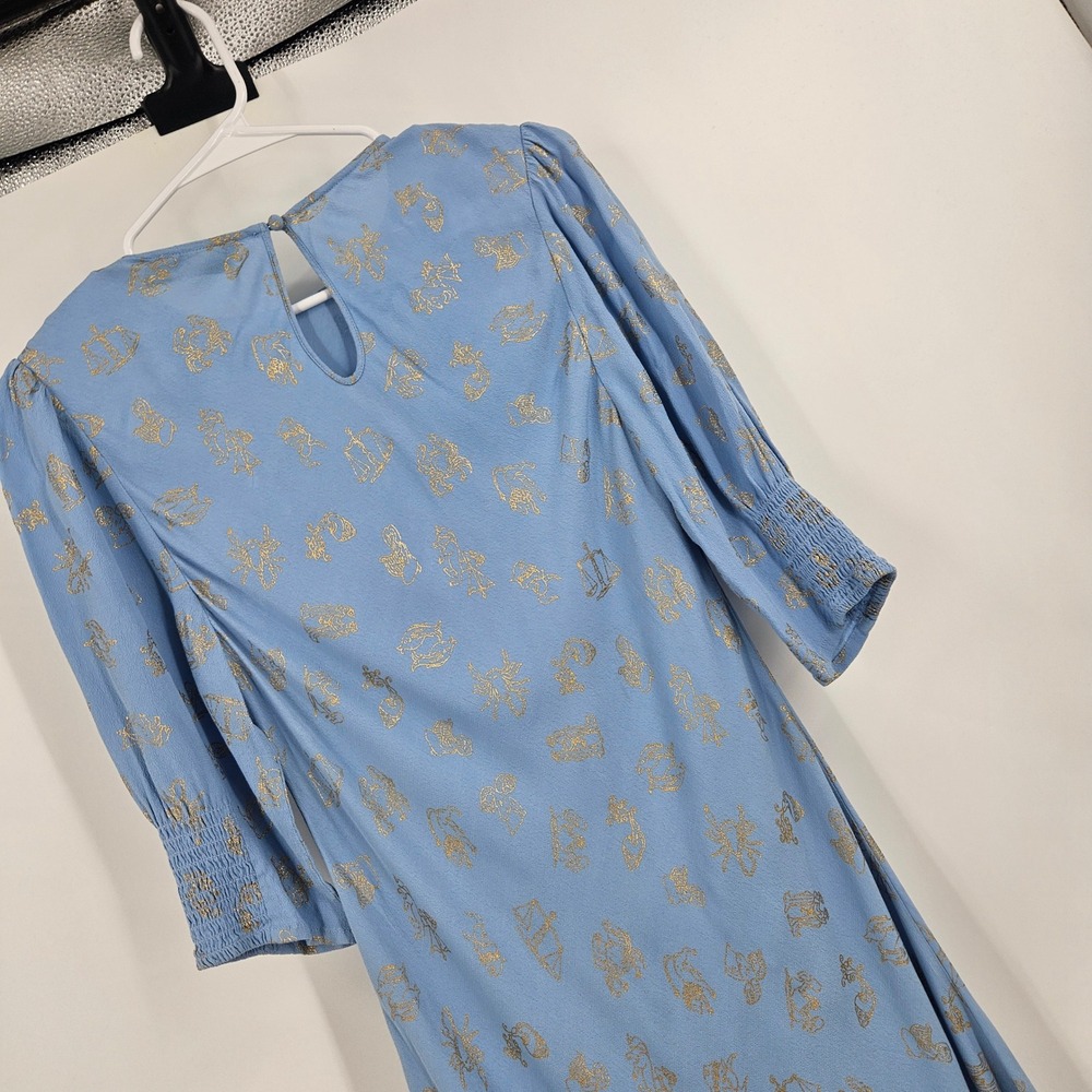 RIXO A-line Dress Blue Gold Metallic Zodiac Print Smocked Puff Sleeves Maxi Sz 6 - Picture 5 of 6